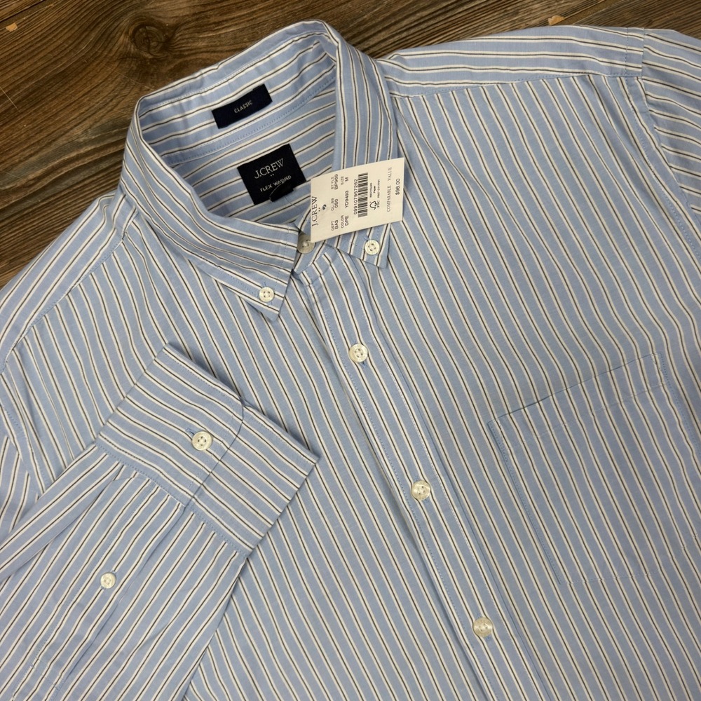 J.Crew Mens MEDIUM Oxford Shirt Blue Striped Flex Washed Classic Fit BP969 NEW
